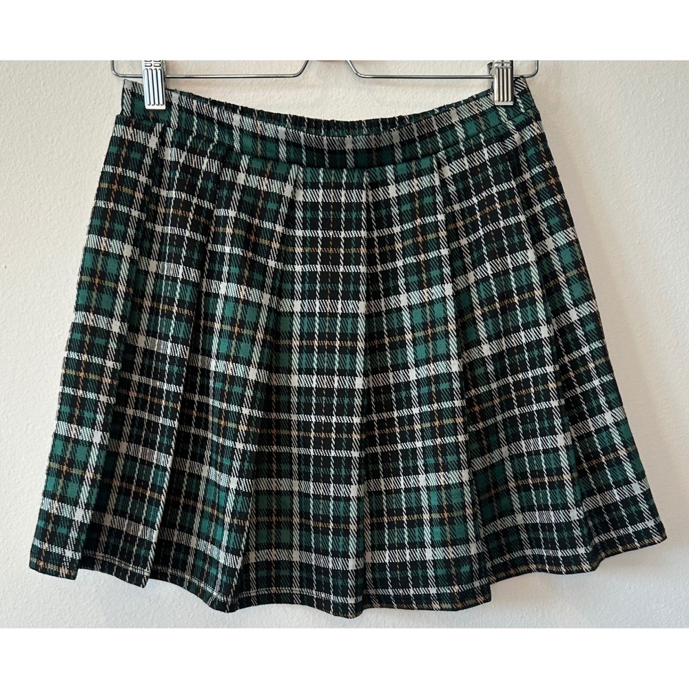 Amy Byer Green Black Plaid Pleated Mini Skirt XL 16 Elastic Waist Skater Preppy
